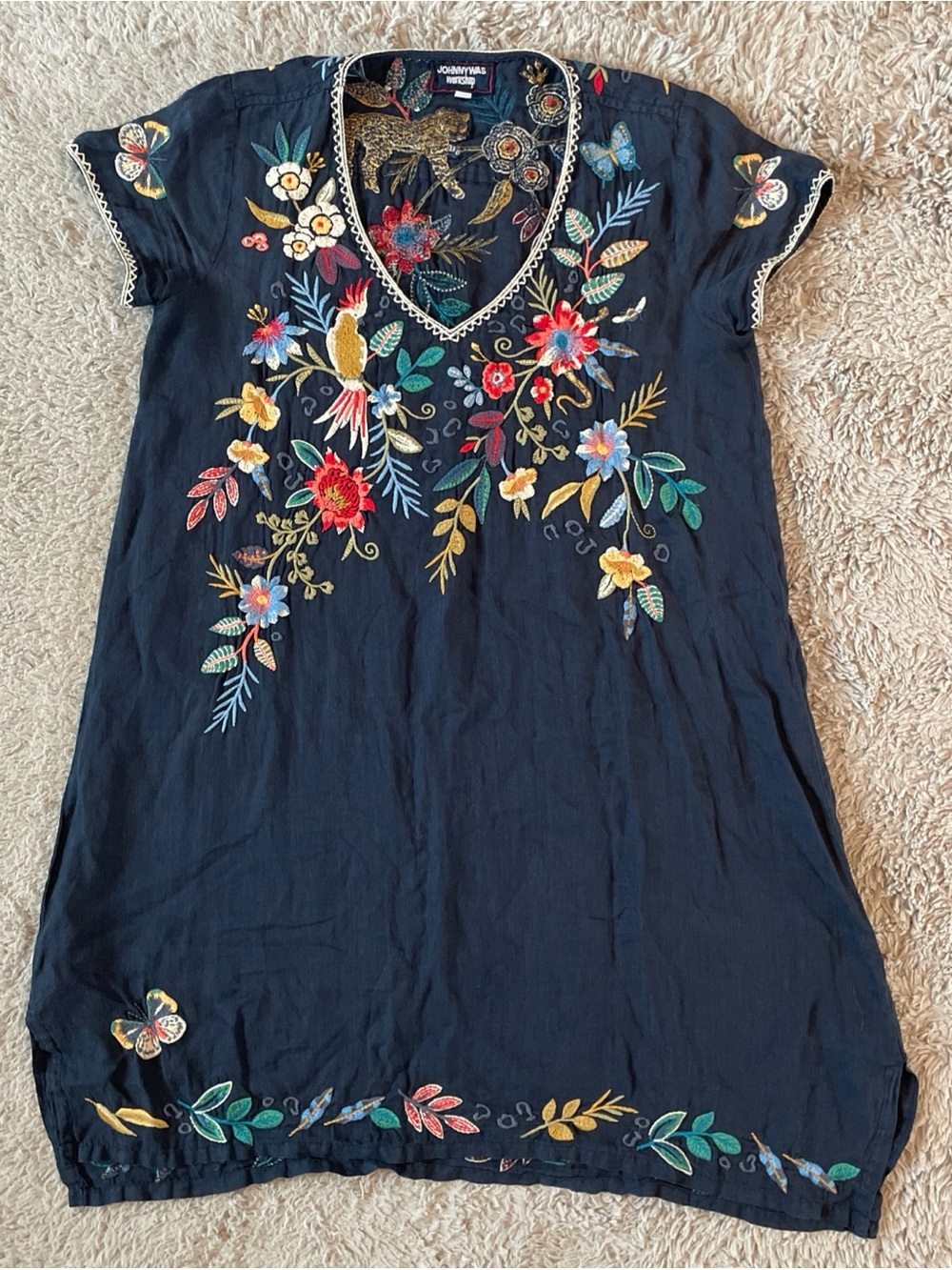 Johnny Was Workshop Embroidered Navy Floral Boho Tunic Dress Size S